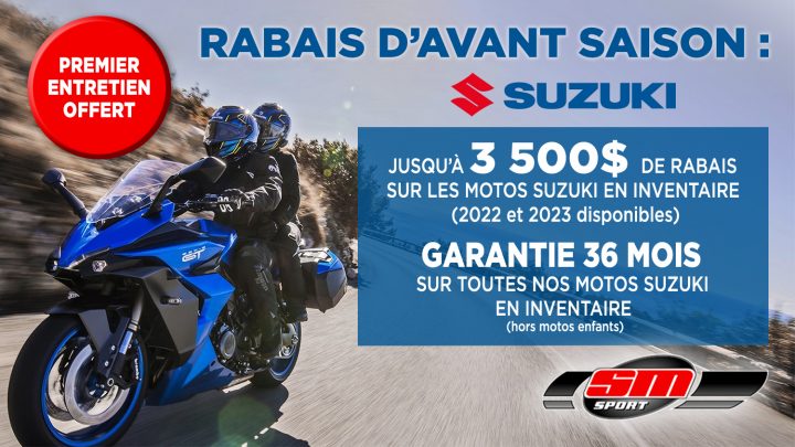 Jusqu’à 3 500$ de rabais sur les motos Suzuki en inventaire