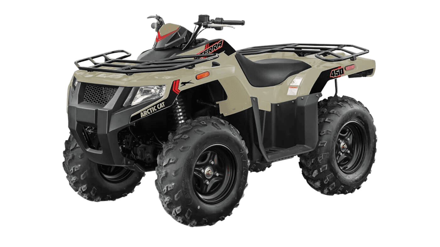 Front 3/4 view of the 2023 ARCTIC CAT ALTERRA 450 COYOTE TAN ATV.