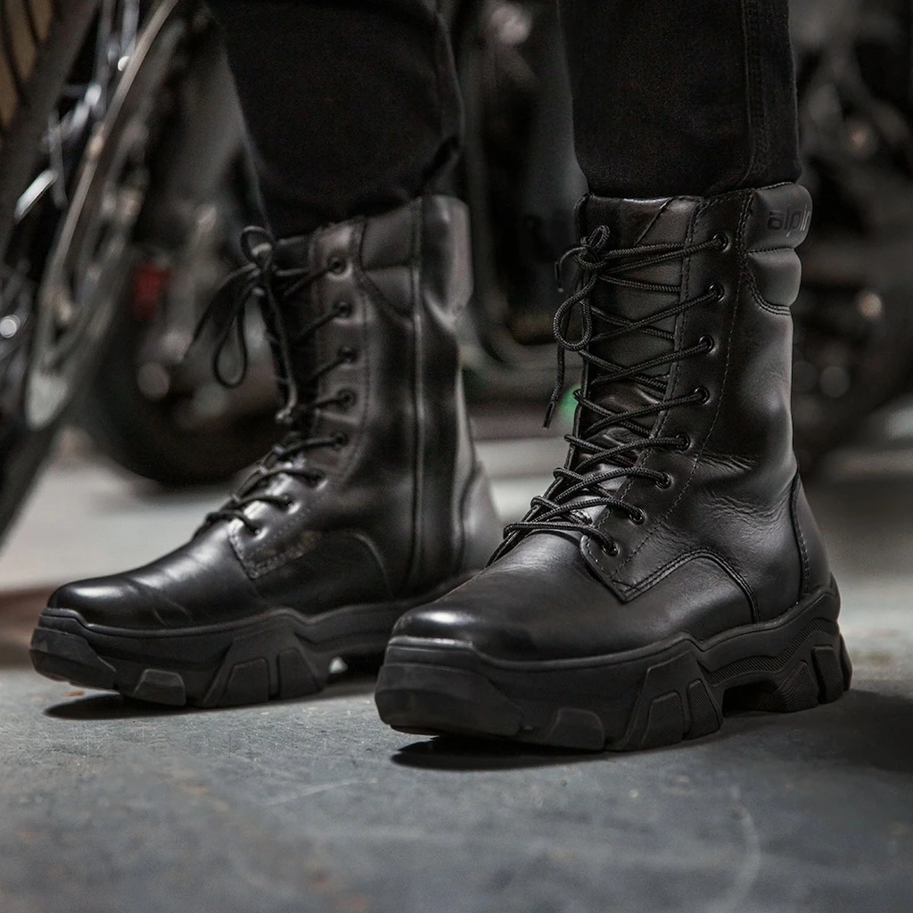 A pair of high motorcycle boots to keep your feet warm without sweating while riding.